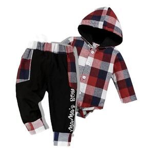 Mama’s Boy Plaid‎ Hooded Onesie & Pants Set – Size 70 (3–6 Months)